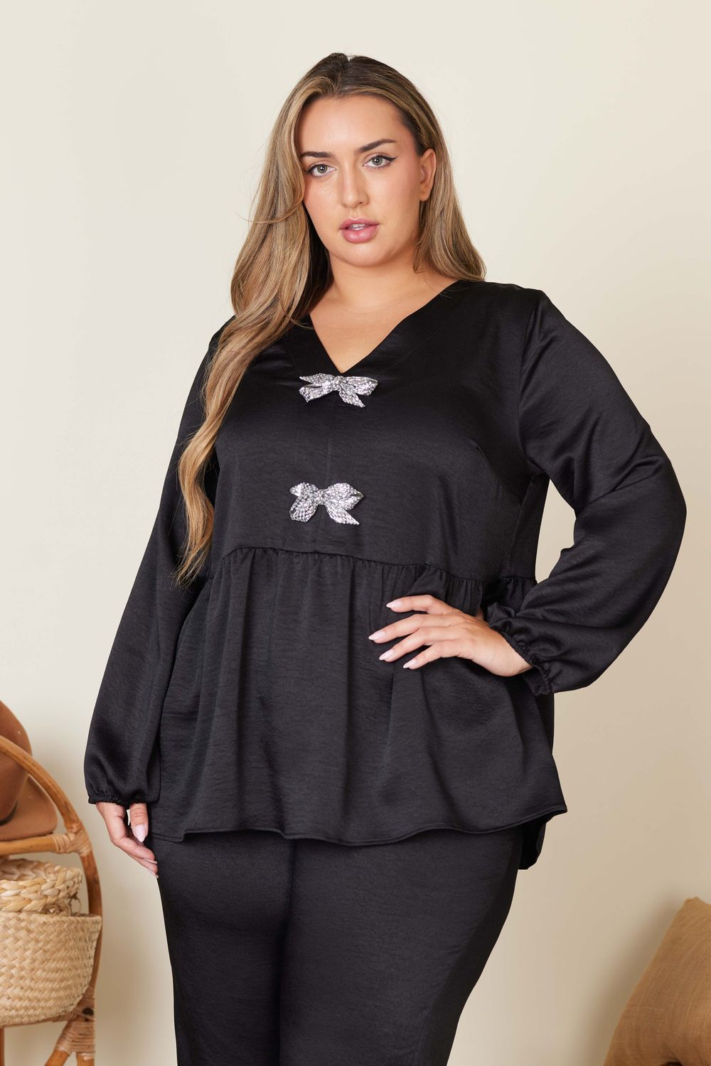 Spin Plus V-Neck Top W/ Silver Bows