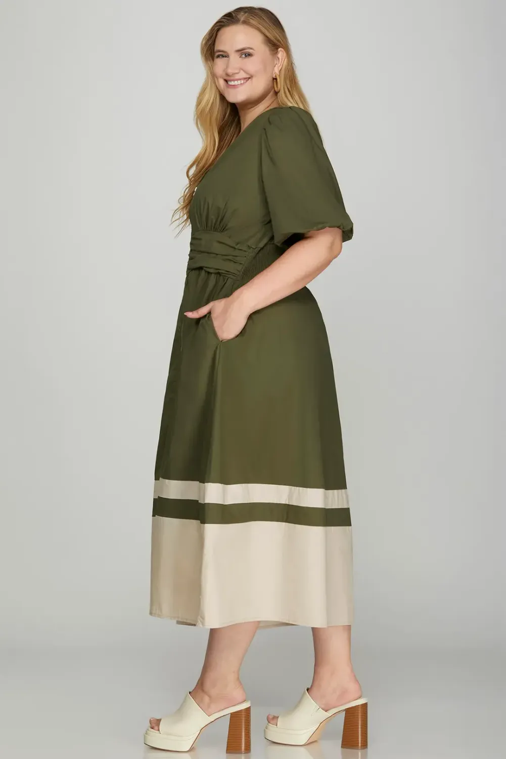 She &amp; Sky Bubble Sleeve Front Zip Color Block Dress