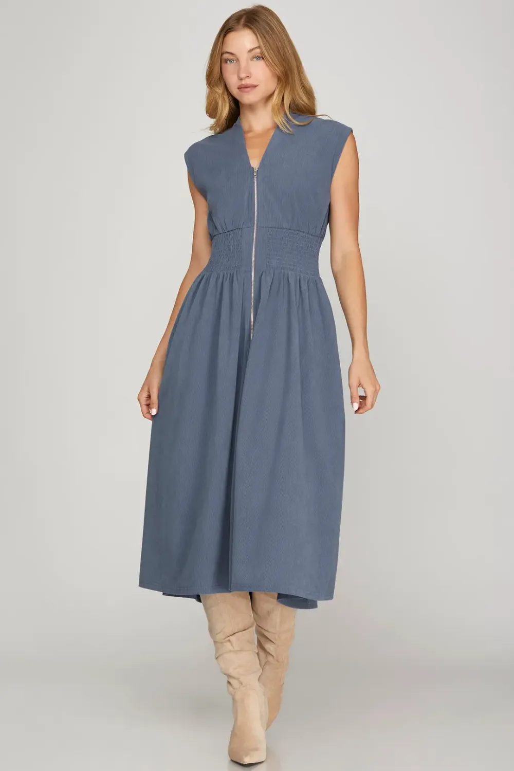 She&amp;Sky Drop Shoulder Smocked Waist Corduroy Dress