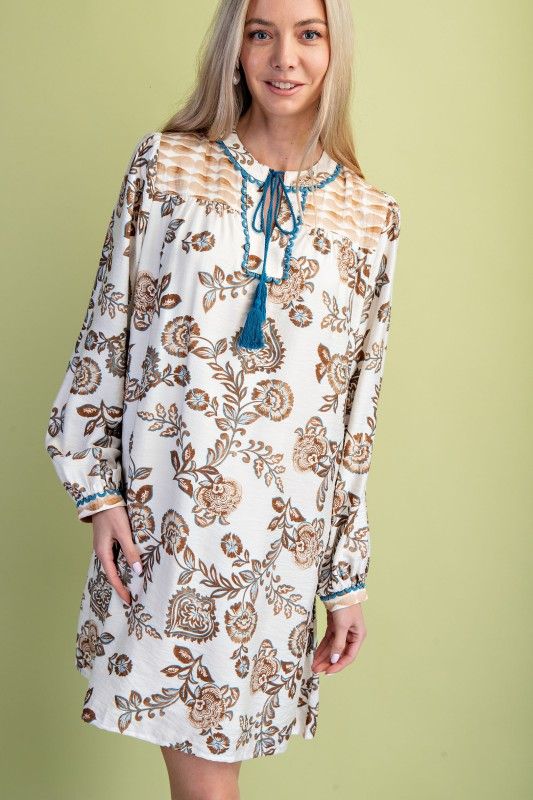 Gigio Mixed Print Tassel Neck Tie V-Neck Dress