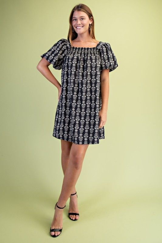 GiGiO Printed Smocked Square Neck Dress