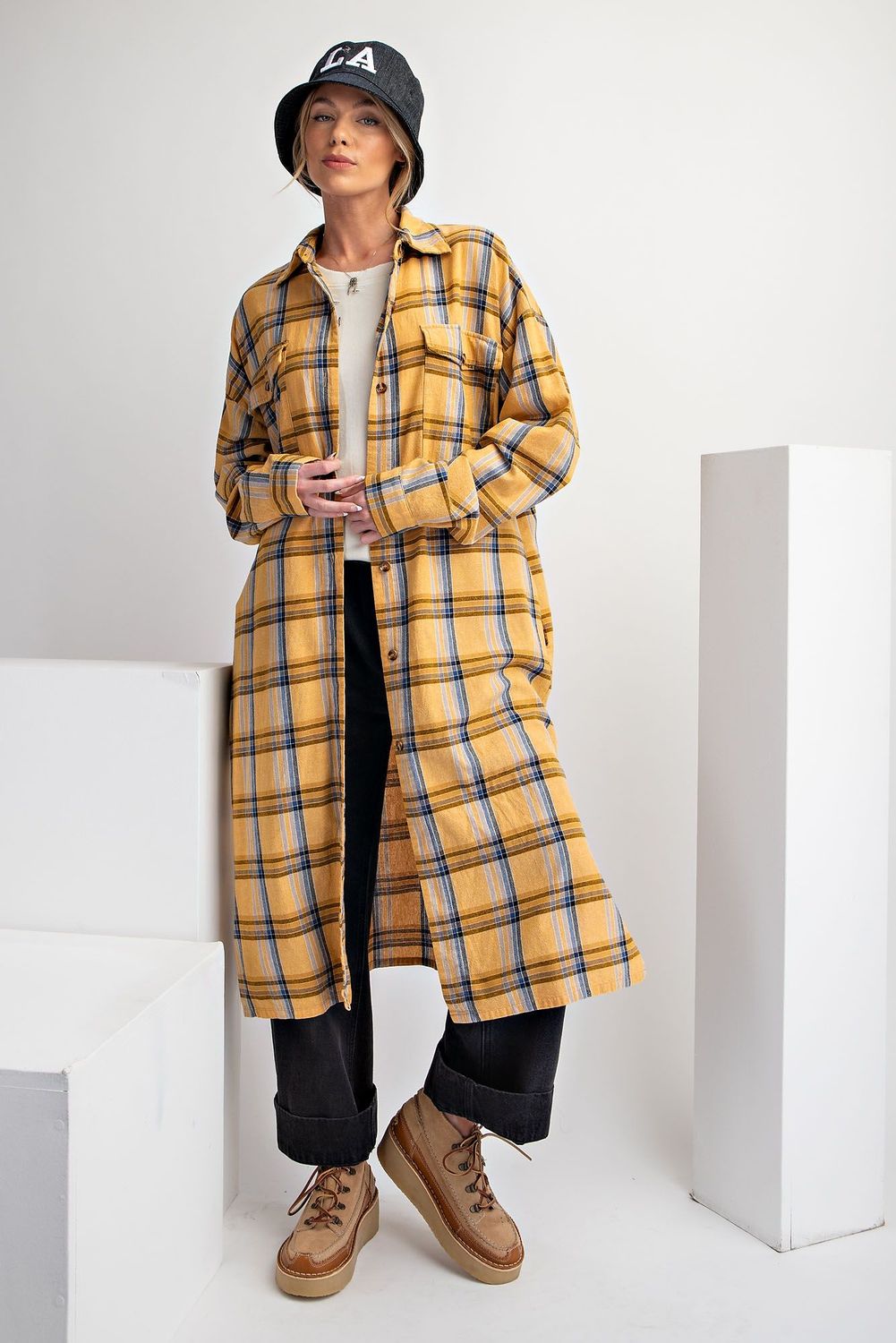 Easel LS Plaid Button Down Acid Wash Dress