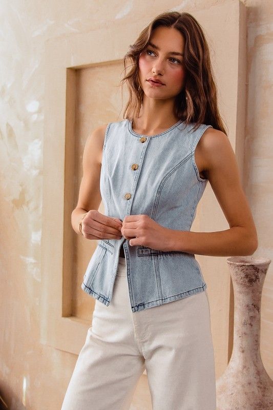 So Me Slim Fit Button Front Denim Vest Top