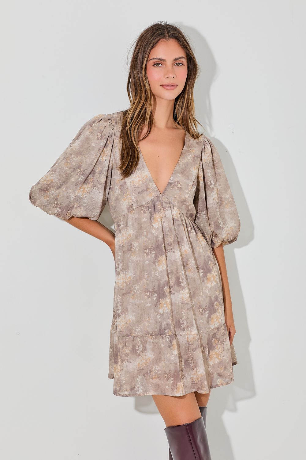 Polagram Floral Bubble Sleeve Mini Dress