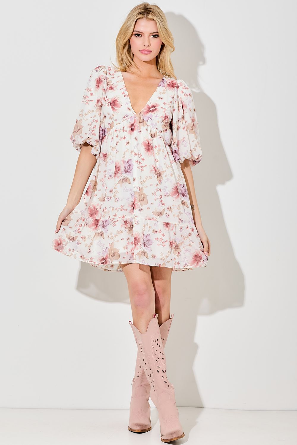 Polagram Floral Deep V-Neck Mini Dress