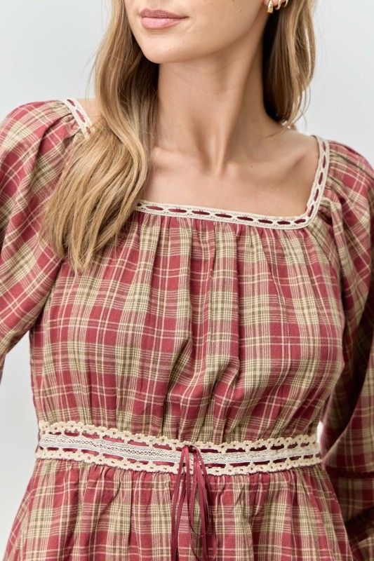 Polagram Plaid Lace Trim Long Sleeve Midi Dress