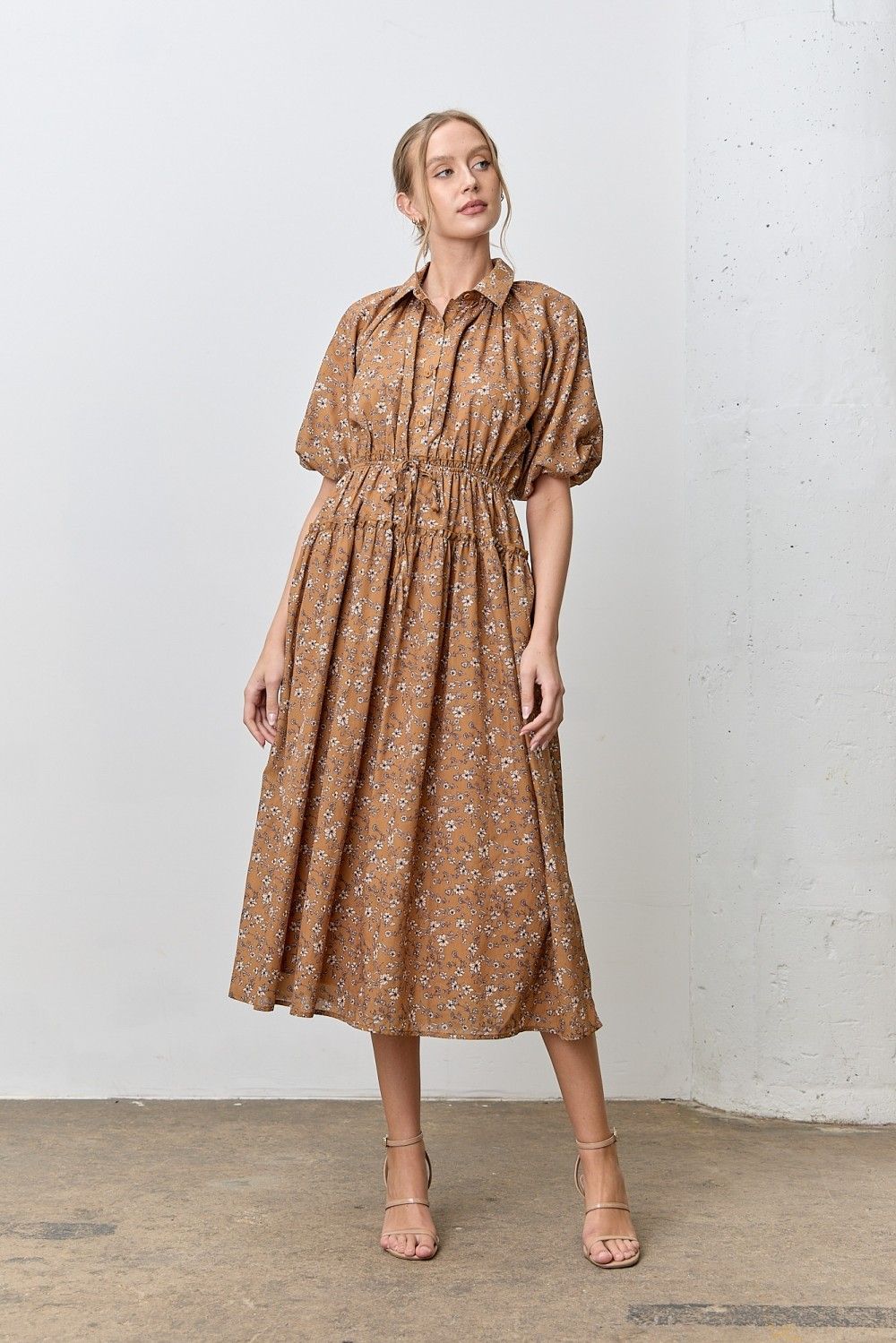 Polagram Floral Print Collared Bubble Sleeve Midi