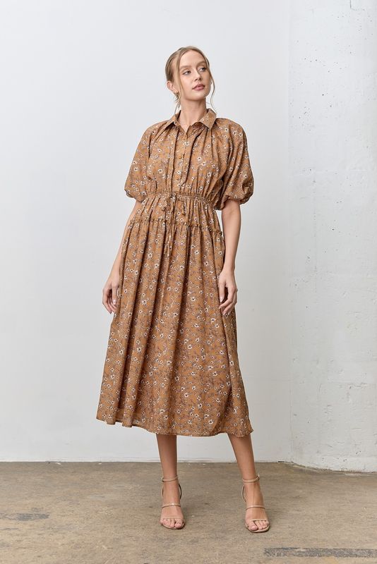 Polagram Floral Print Collared Bubble Sleeve Midi