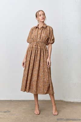 Polagram Floral Print Collared Bubble Sleeve Midi