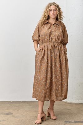 Polagram Curvy Floral Print Collar Bubble Slv Midi