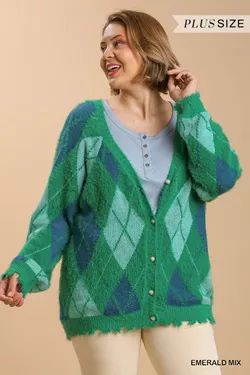 Umgee Plus Argyle Pattern Button Front Cardigan