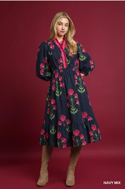 Umgee Floral Midi Dress with Ruffle Trim