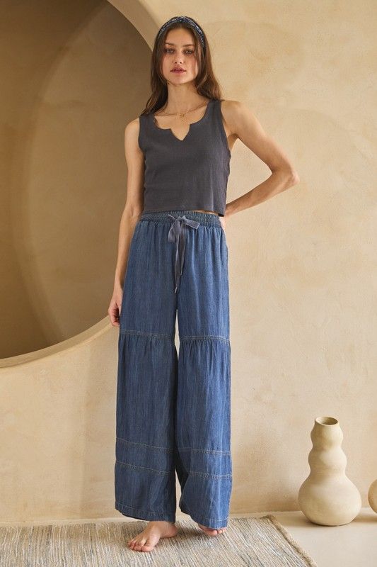 Oddi Washed Denim Tiered Wide Legged Pants