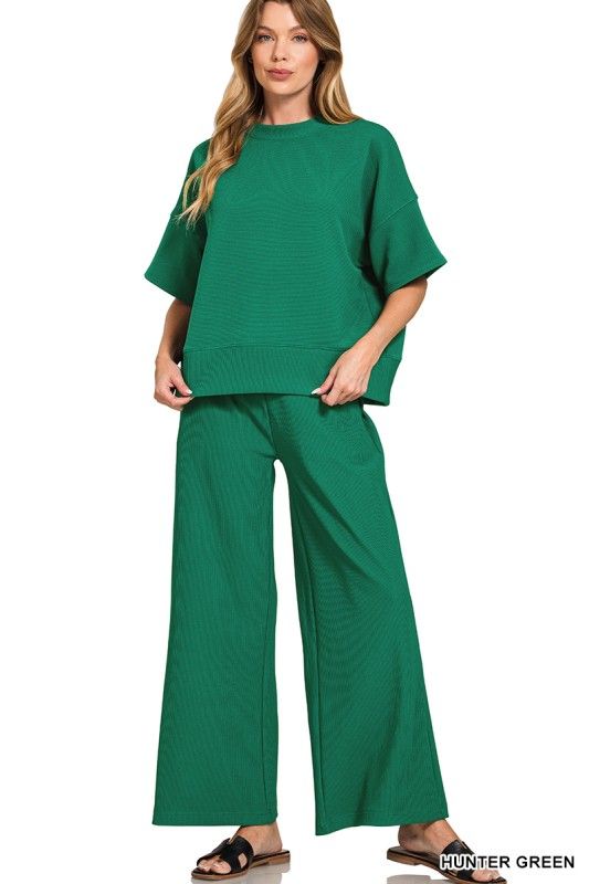 Zenana Ribbed Round Neck Tee &amp; Pants Set