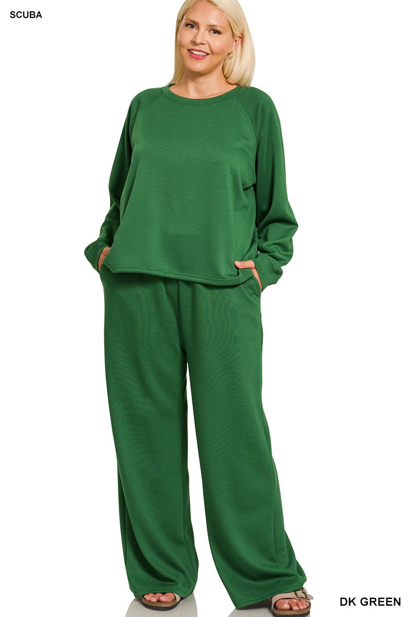 Zenana Plus Scuba Crewneck Pullover &amp; Pants Set