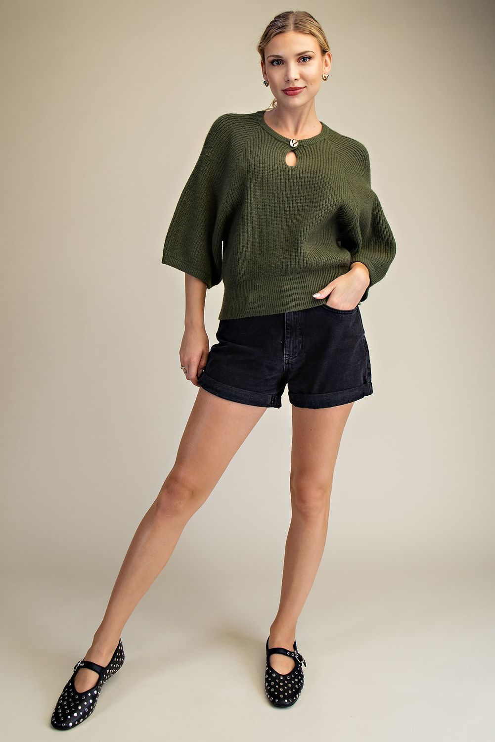 Glam Round Neck Cropped Slv Sweater