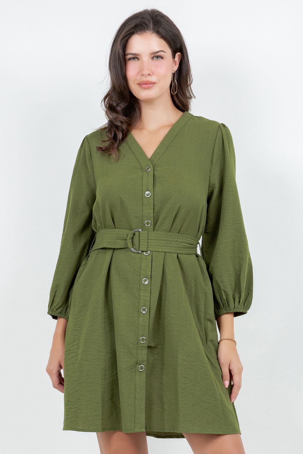 Spin Plus V-Neck Dress W/ 3/4 Sleeve And Belt