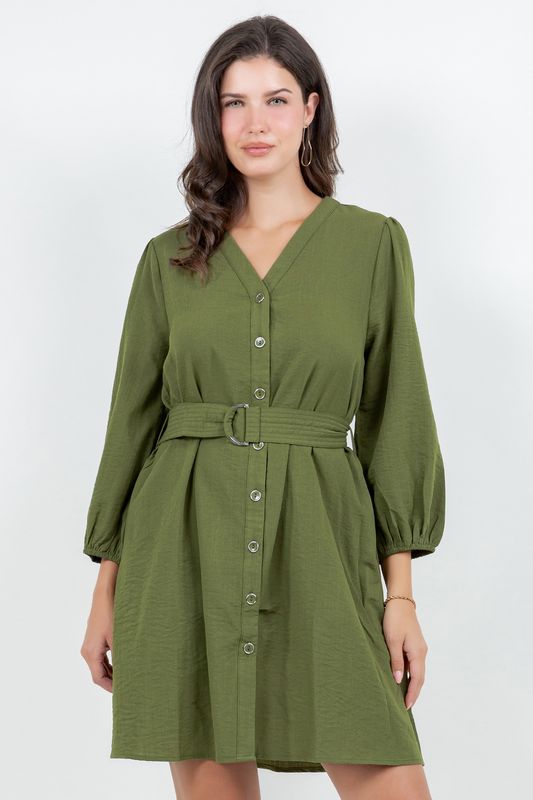 Spin Plus V-Neck Dress W/ 3/4 Sleeve And Belt