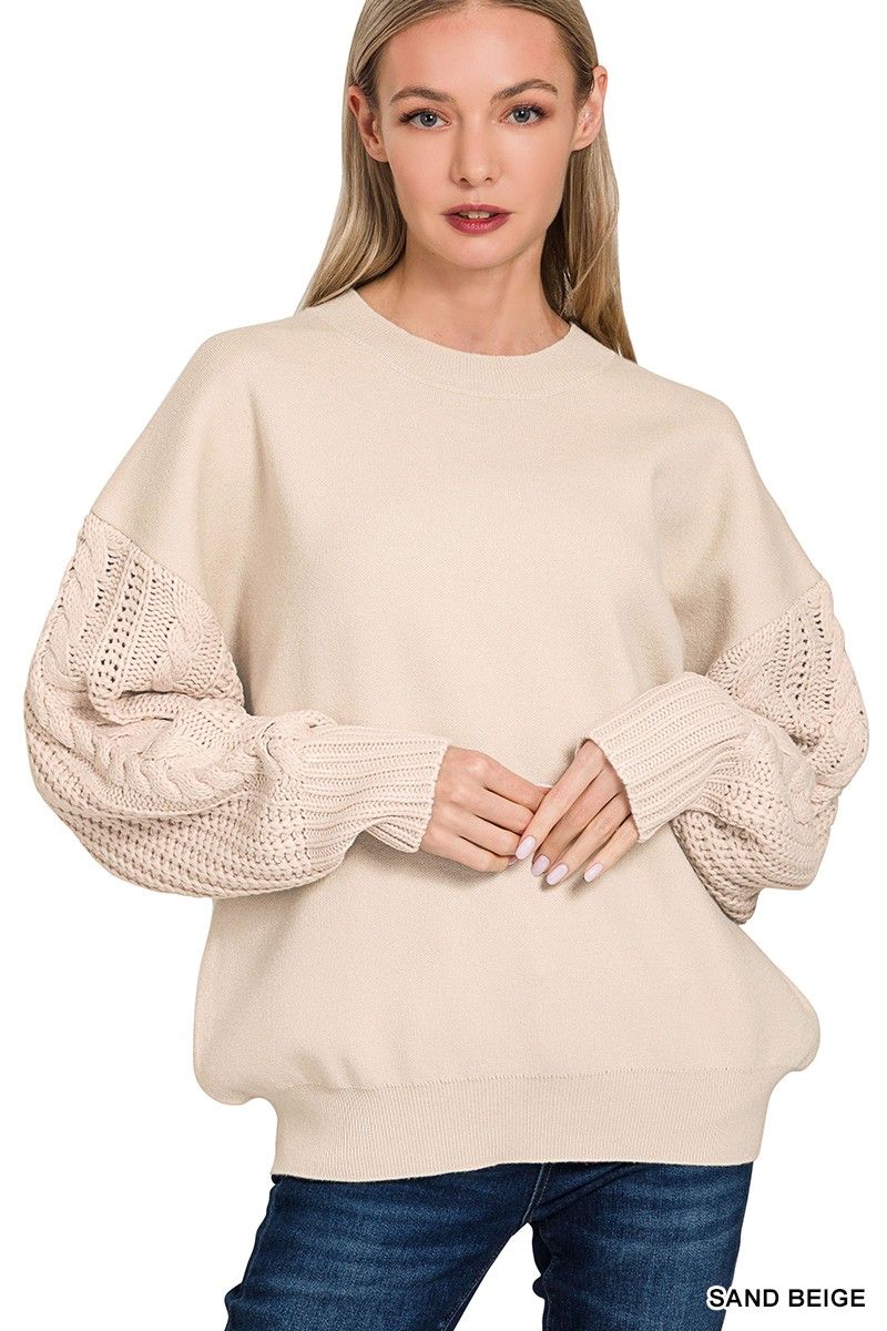 Zenana Cable Knit Sleeve Round Neck Sweater