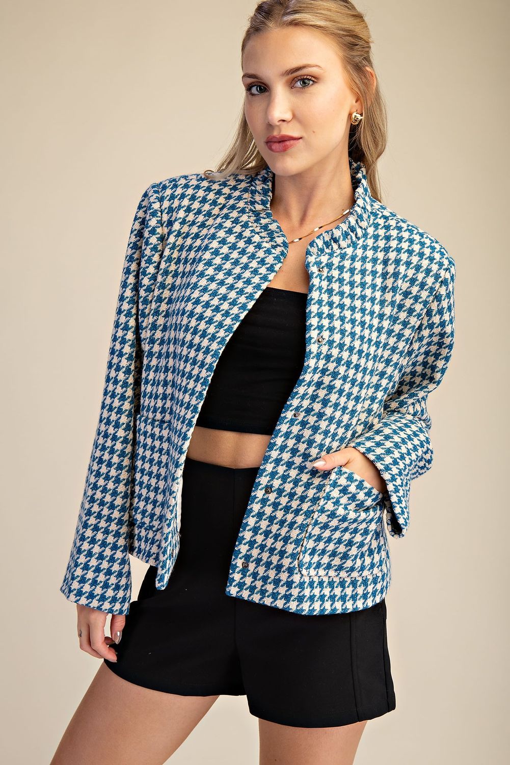 Glam Ruffle Neck Pocket Long Sleeve Jacket