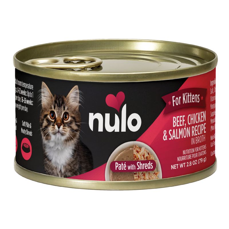 Nulo Kitten Beef, Chicken, &amp; Salmon Recipe In Broth Pate With Shreds