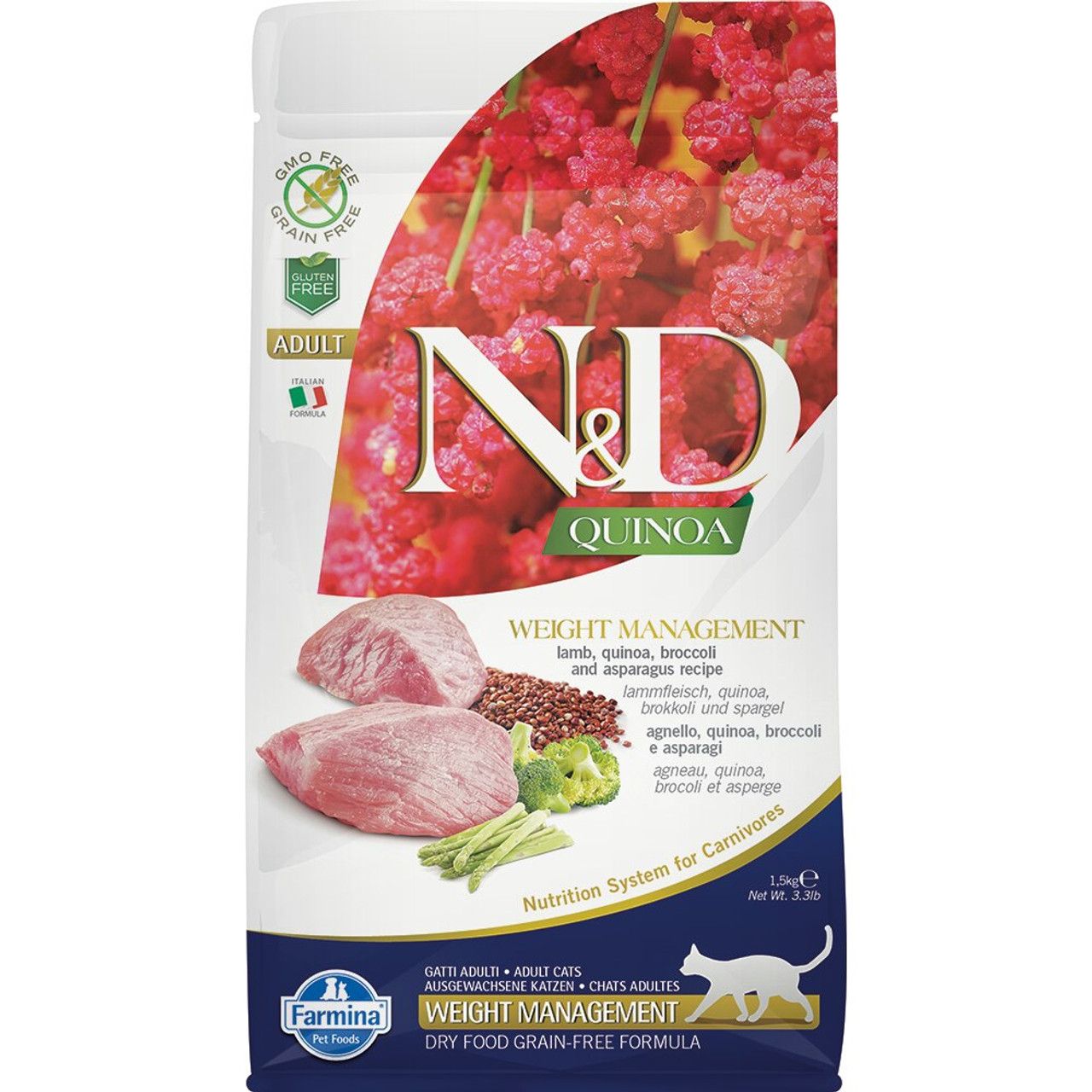 Farmina N&amp;D Quinoa Weight Management Lamb, Quinoa, Broccoli &amp; Asparagus Adult Dry Cat Food