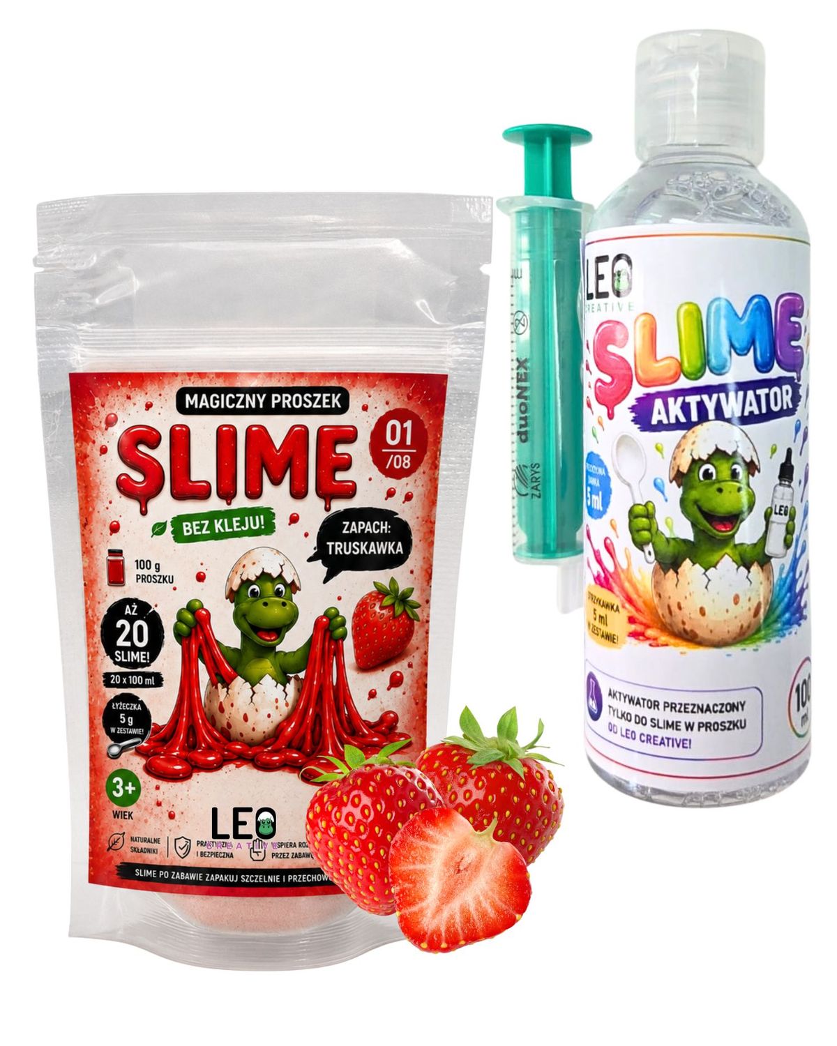 ZESTAW Slime zapachowy wodny TRUSKAWKA proszek na 20 slimów+ aktywator