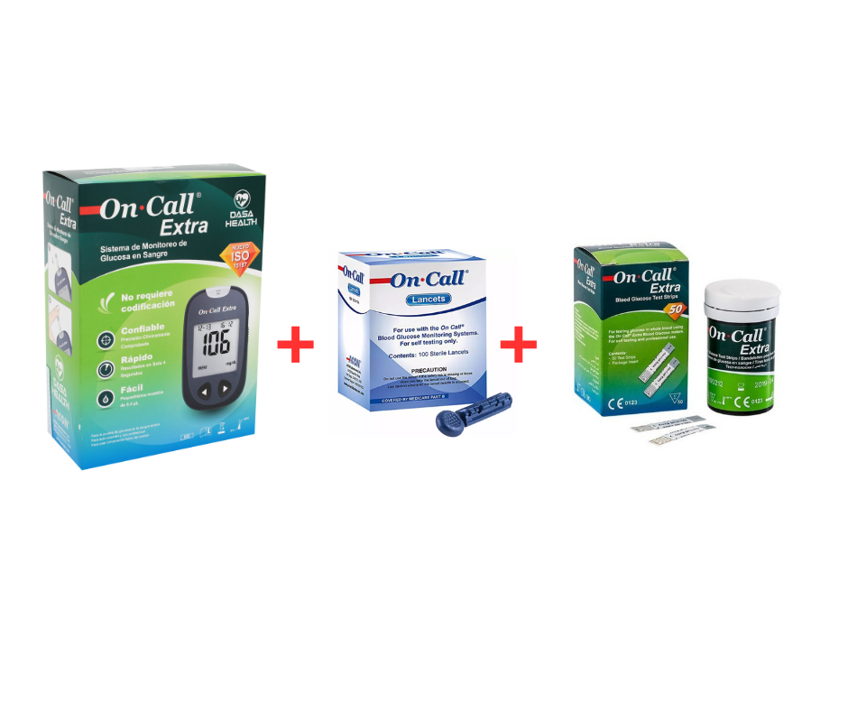 Kit Glucómetro On Call Extra (Incluye Glucómetro + Tiras + Lancetas)