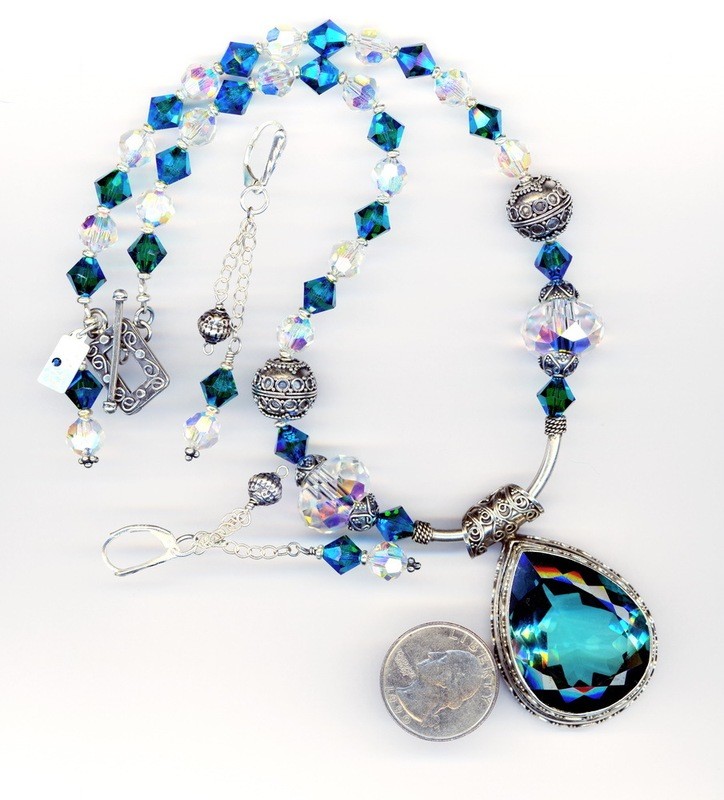 Chunky Aqua Quartz Gemstone Necklace and Earring Set: Bali Silver, and Swarovski Crystal