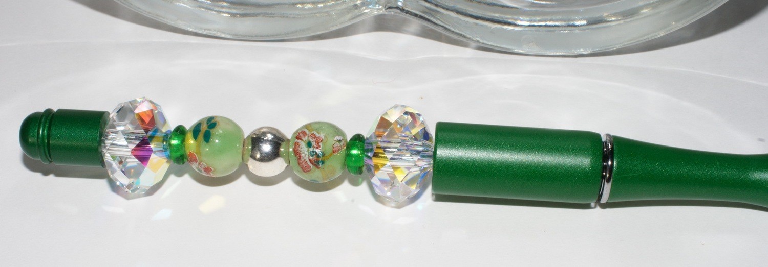 Elegant Jeweled Writing Pen: Emerald Green with Porcelain Beads &amp; Chunky Swarovski Crystals