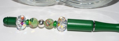 Elegant Jeweled Writing Pen: Emerald Green with Porcelain Beads &amp; Chunky Swarovski Crystals
