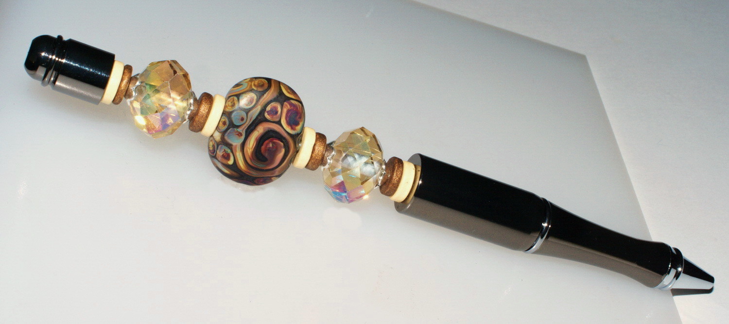 SOLD Elegant Jeweled Writing Pen: Gunmetal with Raku Lampwork and Glass Beads