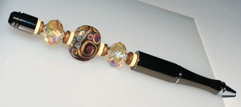 SOLD Elegant Jeweled Writing Pen: Gunmetal with Raku Lampwork and Glass Beads