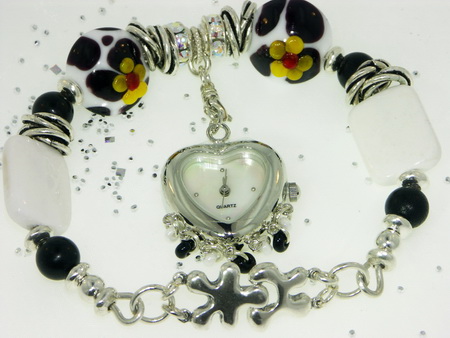 “MooTime” Lampwork Beaded Bangle Bracelet Watch