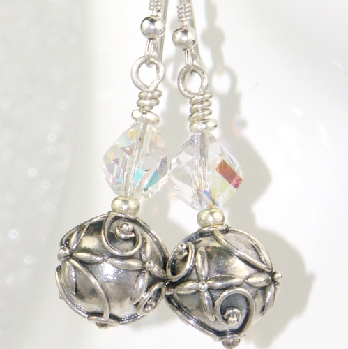 SOLD Bali Silver Bead, and Helix Shaped Swarovski Crystal Earrings