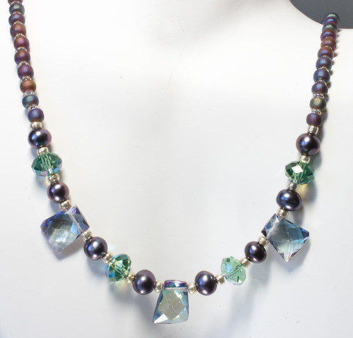 Mystic Topaz Beaded Necklace with Pearls, Swarovski Crystals and Japanese Glass Beads