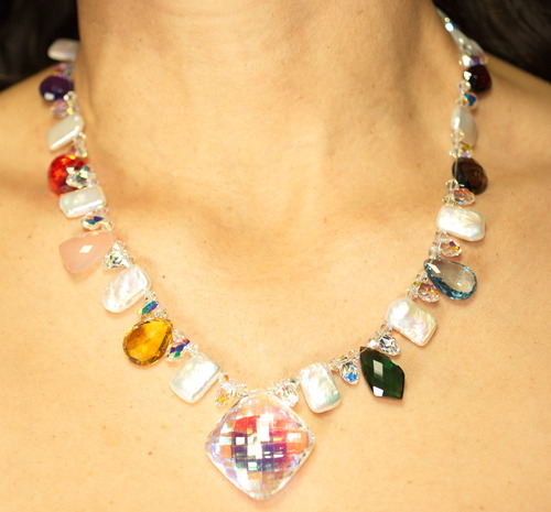 Multi Gemstone Necklace; Fresh Water Pearls, Quartz, Chalcedony, Amethyst, Topaz, Cubic Zirconia