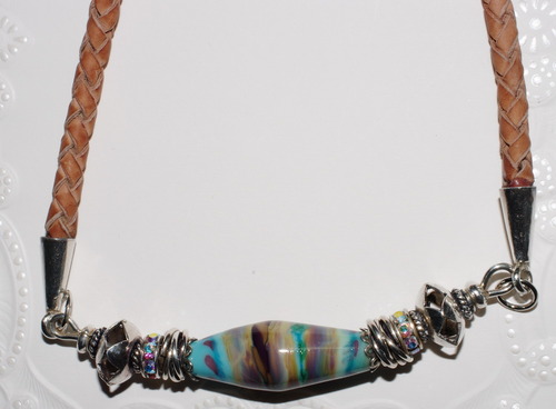 Lampwork Glass Beaded Necklace with Tan Leather Cording