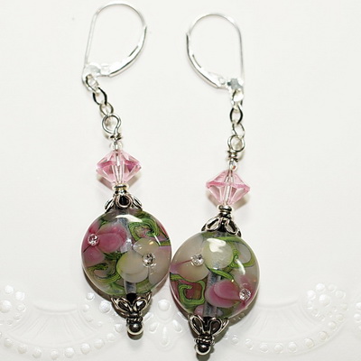 In the Garden Lampwork Bead and Crystal Earrings
