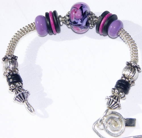 Fuchsia Flowers Lampwork Bead Bangle Bracelet on Sterling Silver Wire