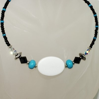 SOLD-Choker Necklace: White Agate, Turquoise, Crystal, &amp; Black Beaded Necklace