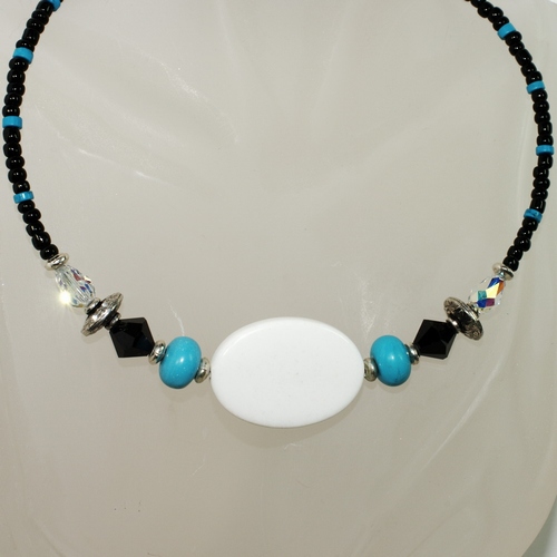 SOLD-Choker Necklace: White Agate, Turquoise, Crystal, &amp; Black Beaded Necklace