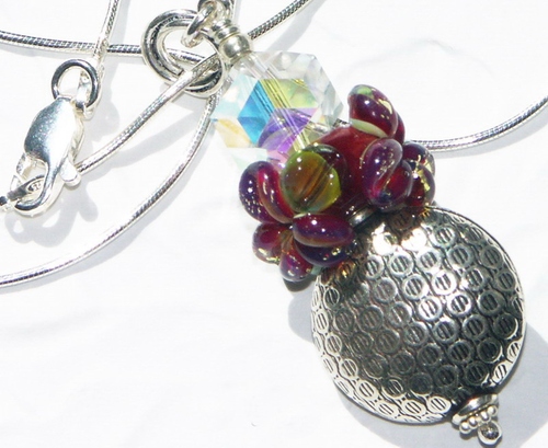 Flair For Flowers Necklace: Lampwork Glass Bead, Vintage Swarovski Crystal, Bali Silver, Hand Made Beaded
