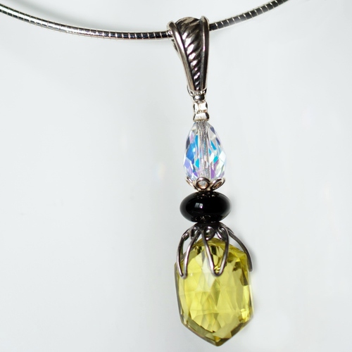Lemon Quartz Gemstone Necklace with Onyx, Swarovski Crystal on a Sterling Silver Omega Chain