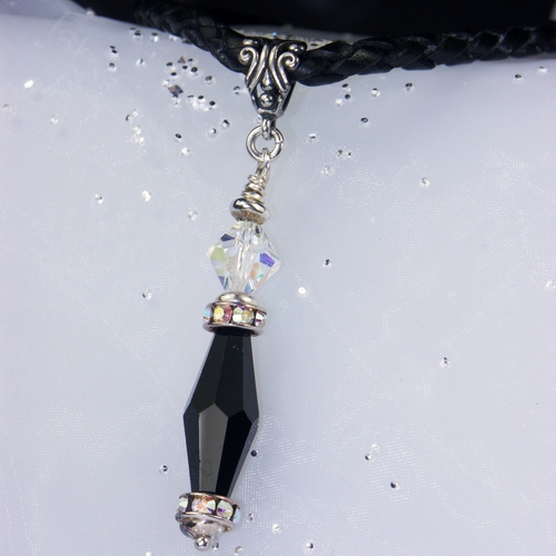 Basic Black Leather Necklace with Jet Black &amp; Crystal AB Swarovski Crystals