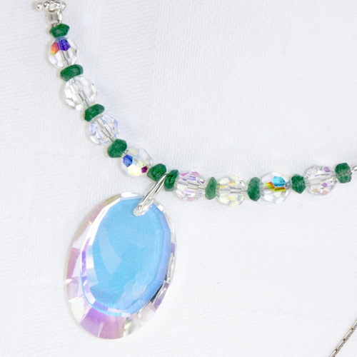 Emerald Rondelle Gemstone and Swarovski Crystal Necklace on Sterling Silver Chain
