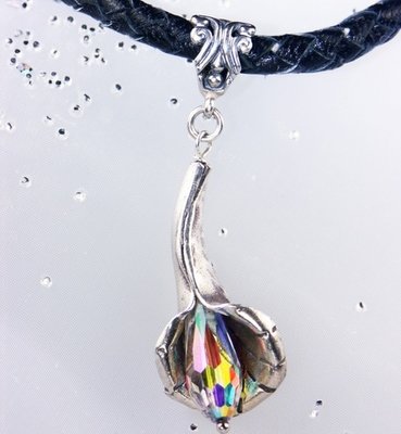 Leather, Silver and Crystal Necklace with Bali Silver Flower Bead