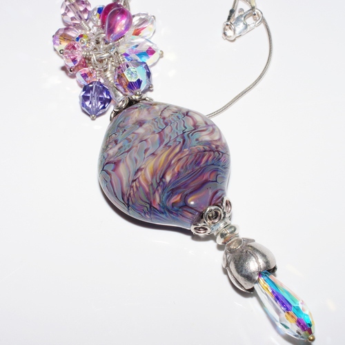 Chunky Lampwork Glass Bead and Swarovski Crystal Necklace with Sterling Silver Snake Chain
