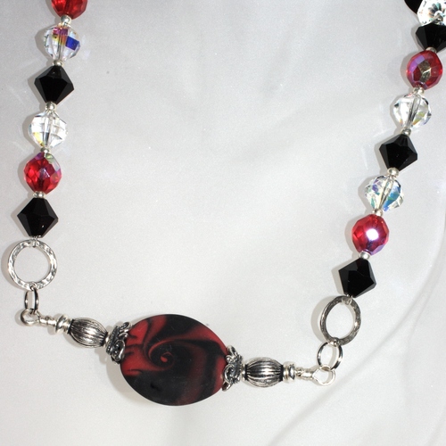 Red and Black Handmade Beaded Necklace Lampwork Glass Beads, Swarovski Crystals, Bali Silver Beads