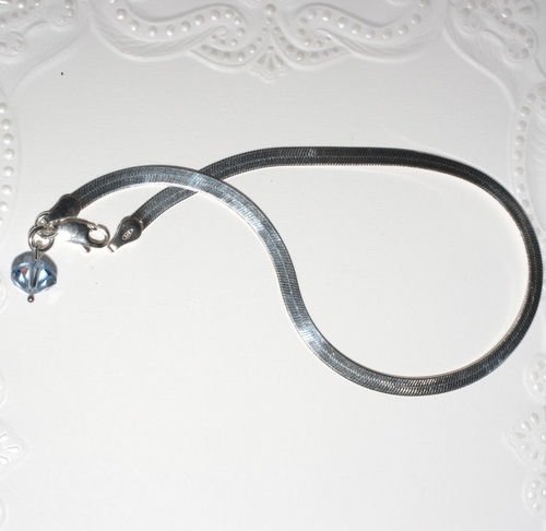 Sterling Silver Herringbone Anklet 9 inches Blue Swarovski Crystal Dangle